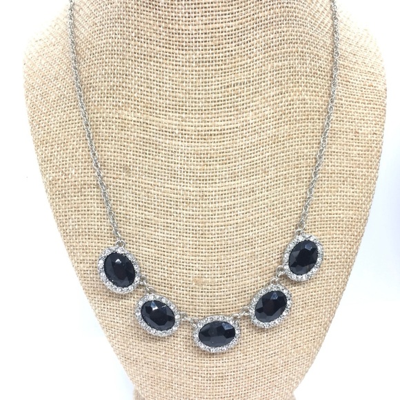 NWT 1928 BLACK CABOCHON RHINESTONE SILVER TONE NECKLACE GUNMETAL STATION ELEGANT - Picture 1 of 16
